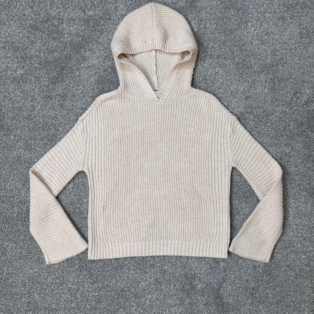 Abound Sweater Womens Small White Hooded V Neck Chunky Knit Pullover Cozy